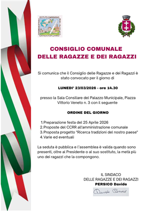 Convocazione del Consiglio Comunale delle Ragazze e dei Ragazzi