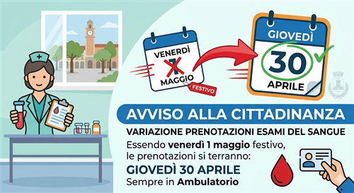 Avviso alla Cittadinanza: Variazione giorno delle prenotazioni esami del sangue
